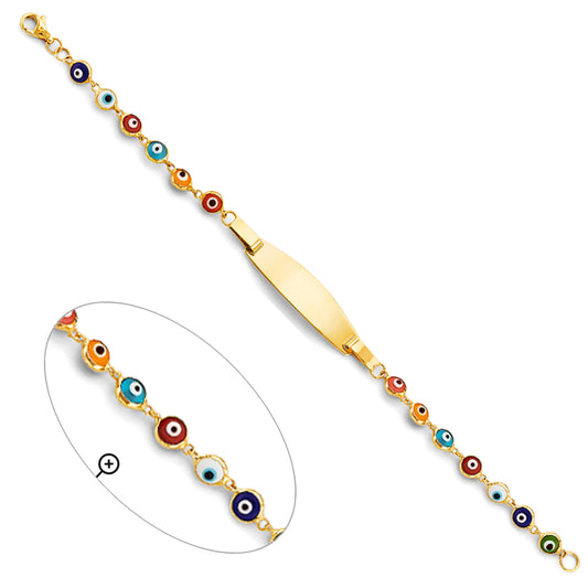 14K Yellow Gold Children's Multicolor Evil Eye ID Bracelet
