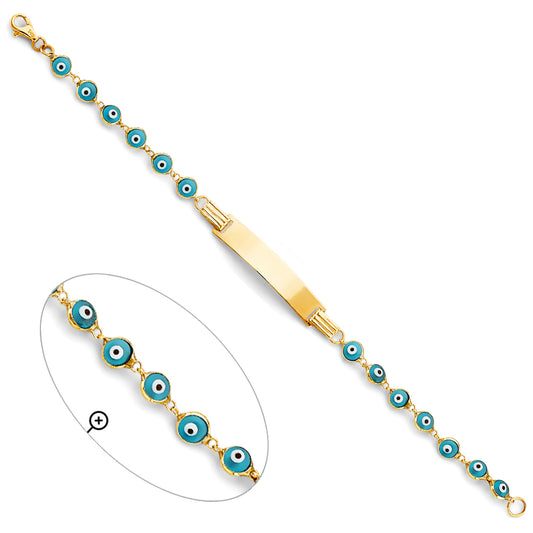 14K Yellow Gold Children's Turquoise Color Evil Eye ID Bracelet