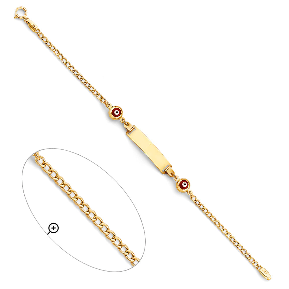 14K Yellow Gold Children's Red Evil Eye Curb Link ID Bracelet