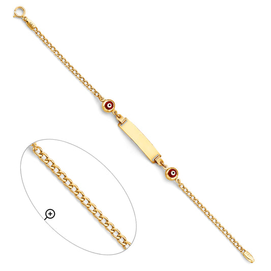14K Yellow Gold Children's Red Evil Eye Curb Link ID Bracelet
