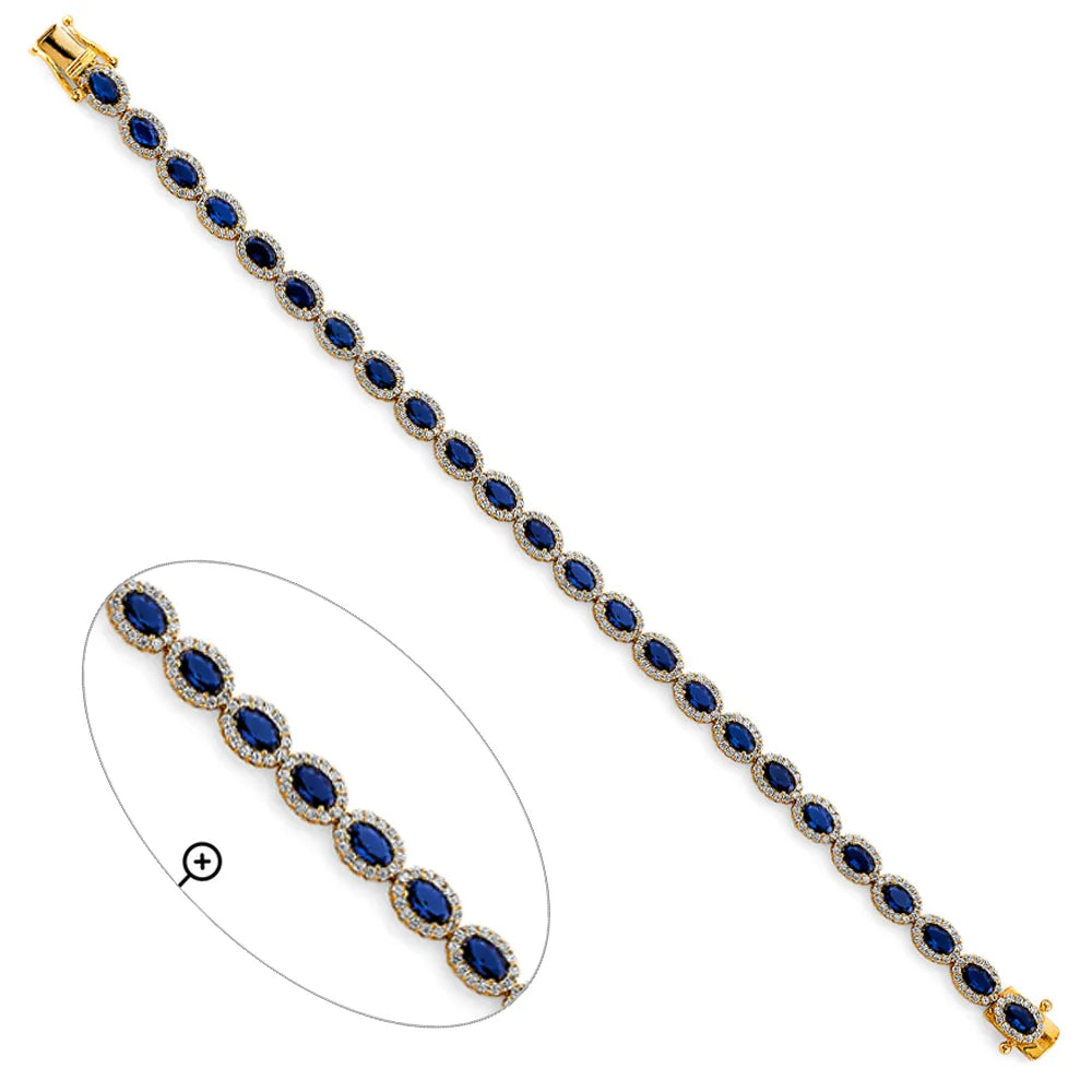 14K Yellow Gold Oval Synthetic Sapphire Blue CZ Halo Women's Bracelet size 7.5"