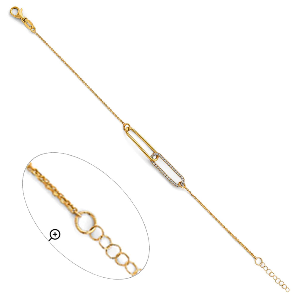 14K Yellow Gold Paperclip Link CZ Chain Bracelet – 7" + 1" Extender