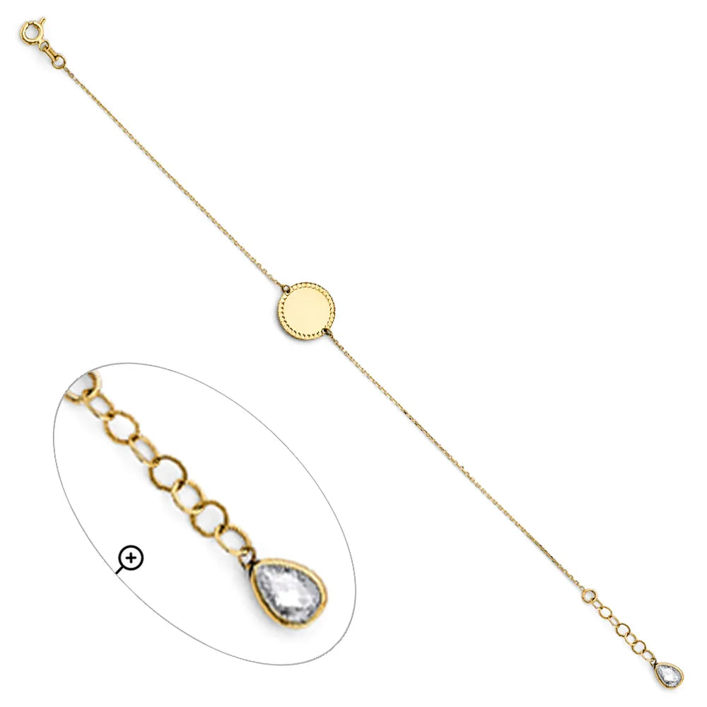 14K Yellow Gold Beaded Edge Disc Chain Bracelet – 7" + 1" Extender