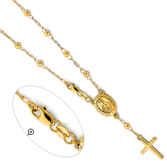 3.0mm 14K Yellow Gold Mirrorball DC Rosary Bracelet with Miraculous Virgin Medallion 7.25 in