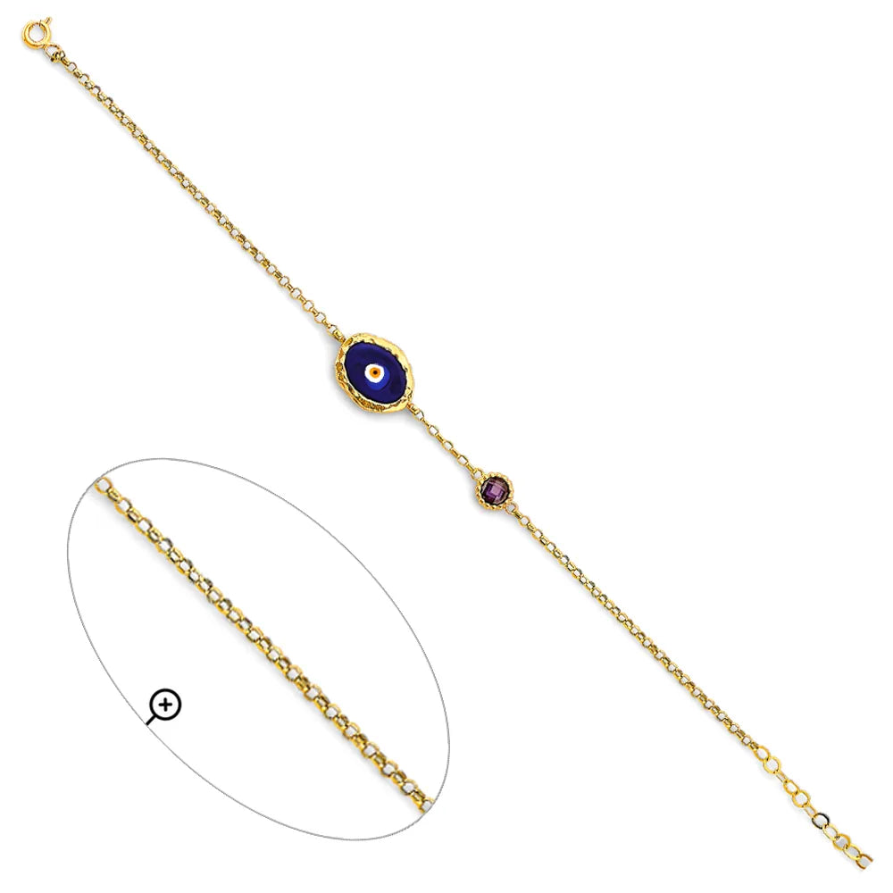 14K Yellow Gold Evil Eye Bracelet with Synthetic Sapphire Blue Enamel & Synthetic Amethyst CZ 7"+1" Extension