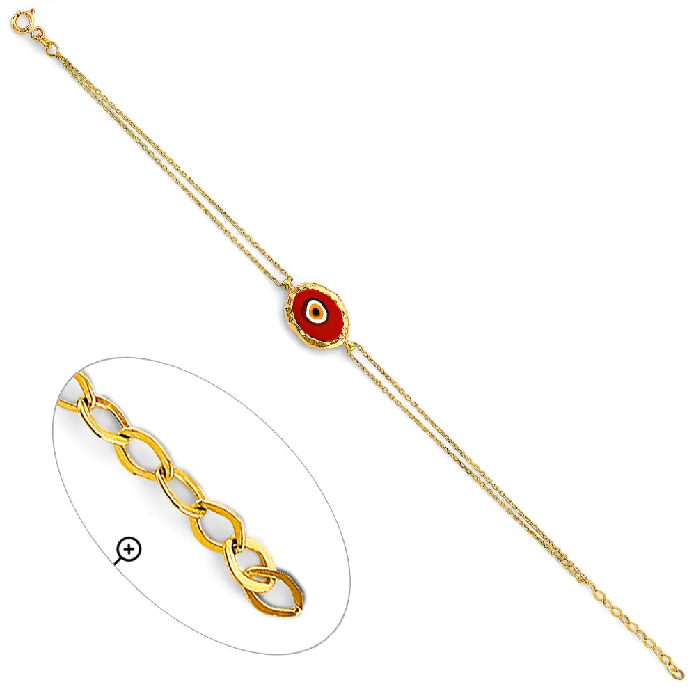 14K Yellow Gold Red Evil Eye Double Chain Bracelet 7"+1" Extension