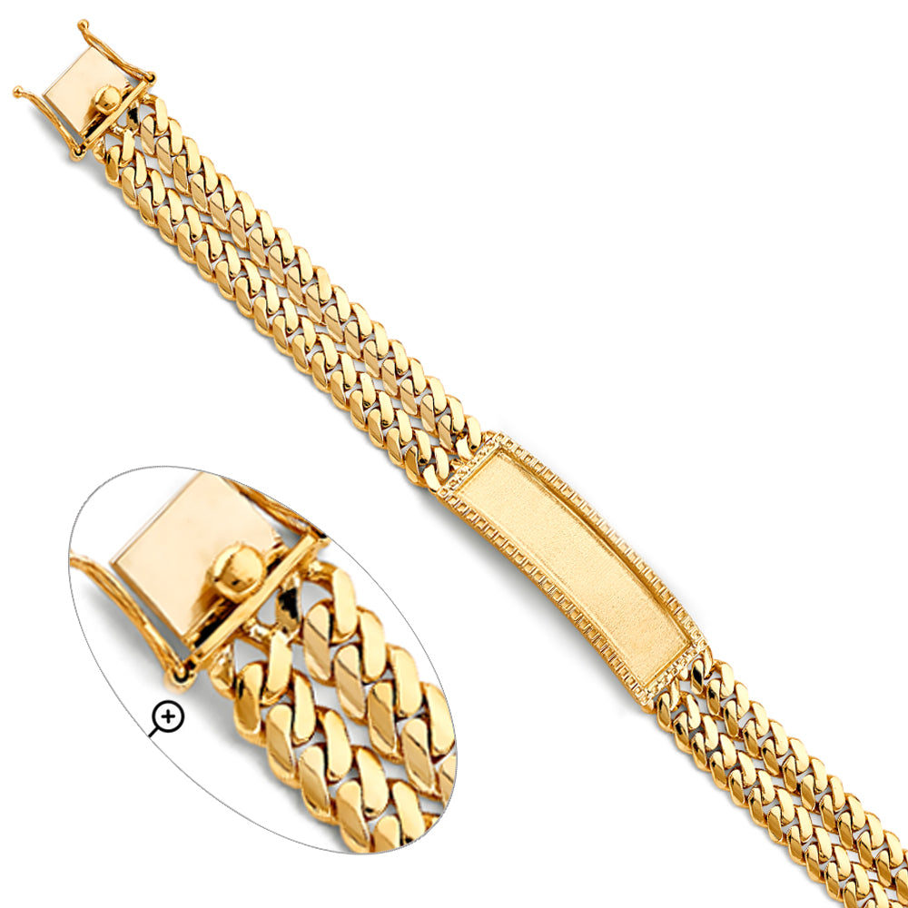 14K Yellow Gold Men’s 2-Line ID Plate Cuban Curb Link Bracelet-14mm Wide total width of the combined chains