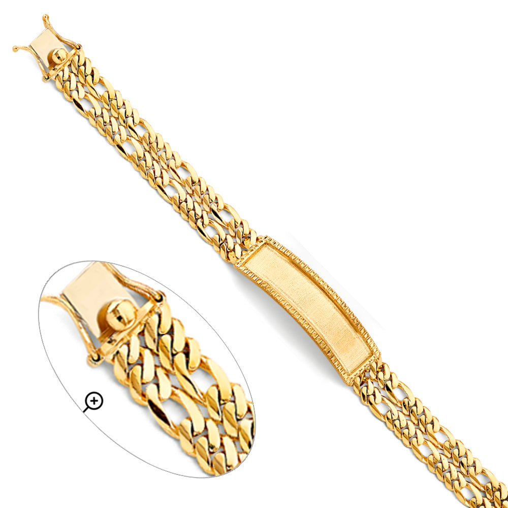 14K Yellow Gold Men’s 2-Line ID Plate Figaro Link Bracelet-12mm Wide total width of the combined chains