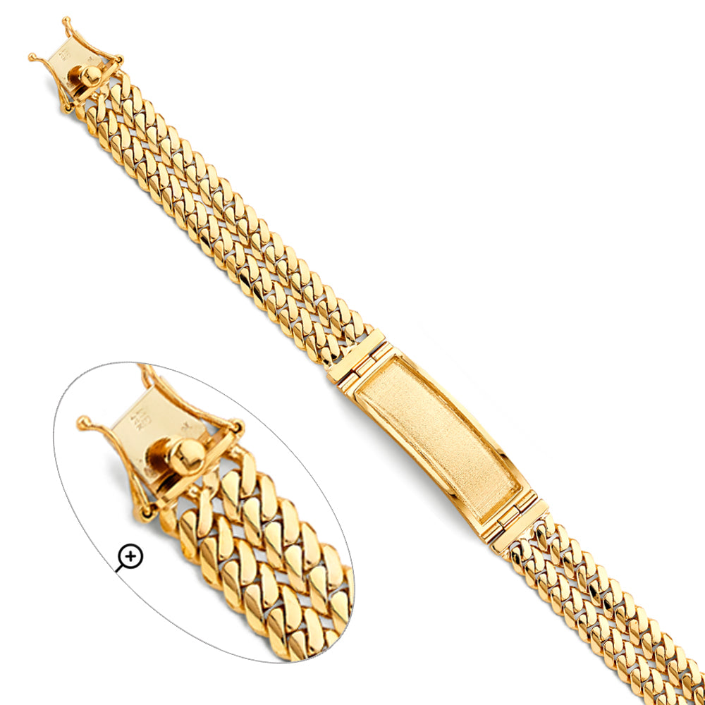 14K Yellow Gold Men’s 2-Line ID Plate Cuban Curb Link Bracelet-13.5mm Wide total width of the combined chains