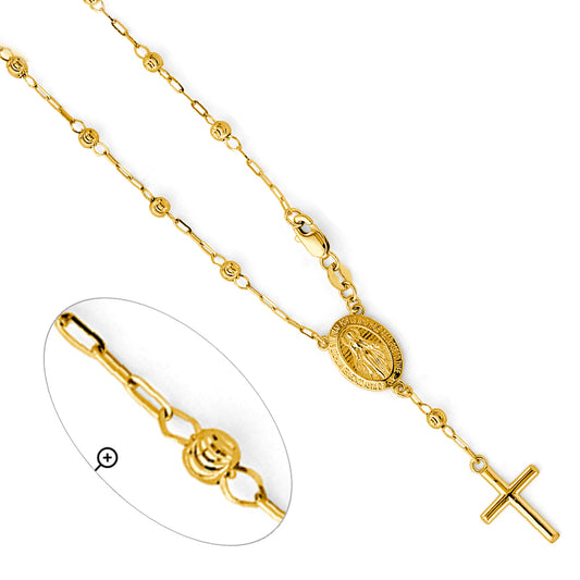 3.0mm 14K Yellow Gold Moon Cut Rosary Bracelet with Miraculous Virgin Medallion 7.25 in