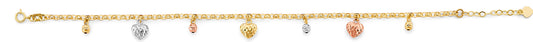 14K Tri-Color Gold Woman’s Heart and Bead Charm Bracelet