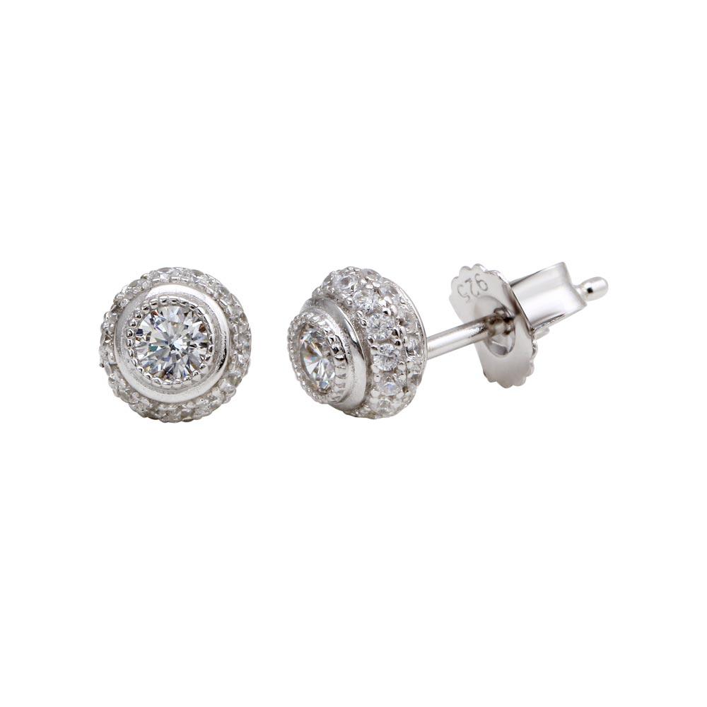 925 Silver Rhodium Plated Micro Pave Clear Round CZ Stud Earrings