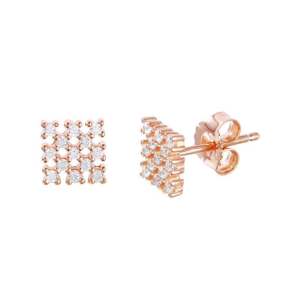 925 Silver Rose Gold Plated Small Square Checkered CZ Stud Earrings