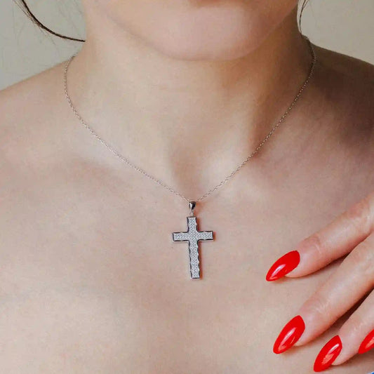 925 Sterling Silver Rhodium Plated Cross CZ Dangling Pendant