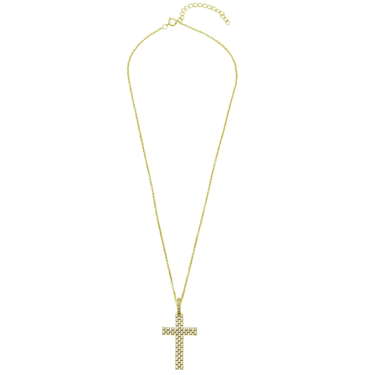 925 Silver Gold Plated Thin Open Checkered Cross CZ Pendant