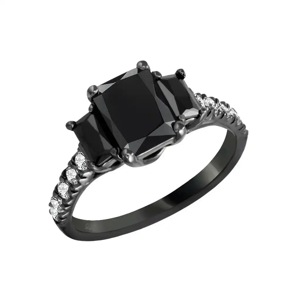 925 Sterling Silver Black Rhodium Plated Black and Clear CZ Past Present Future Ring