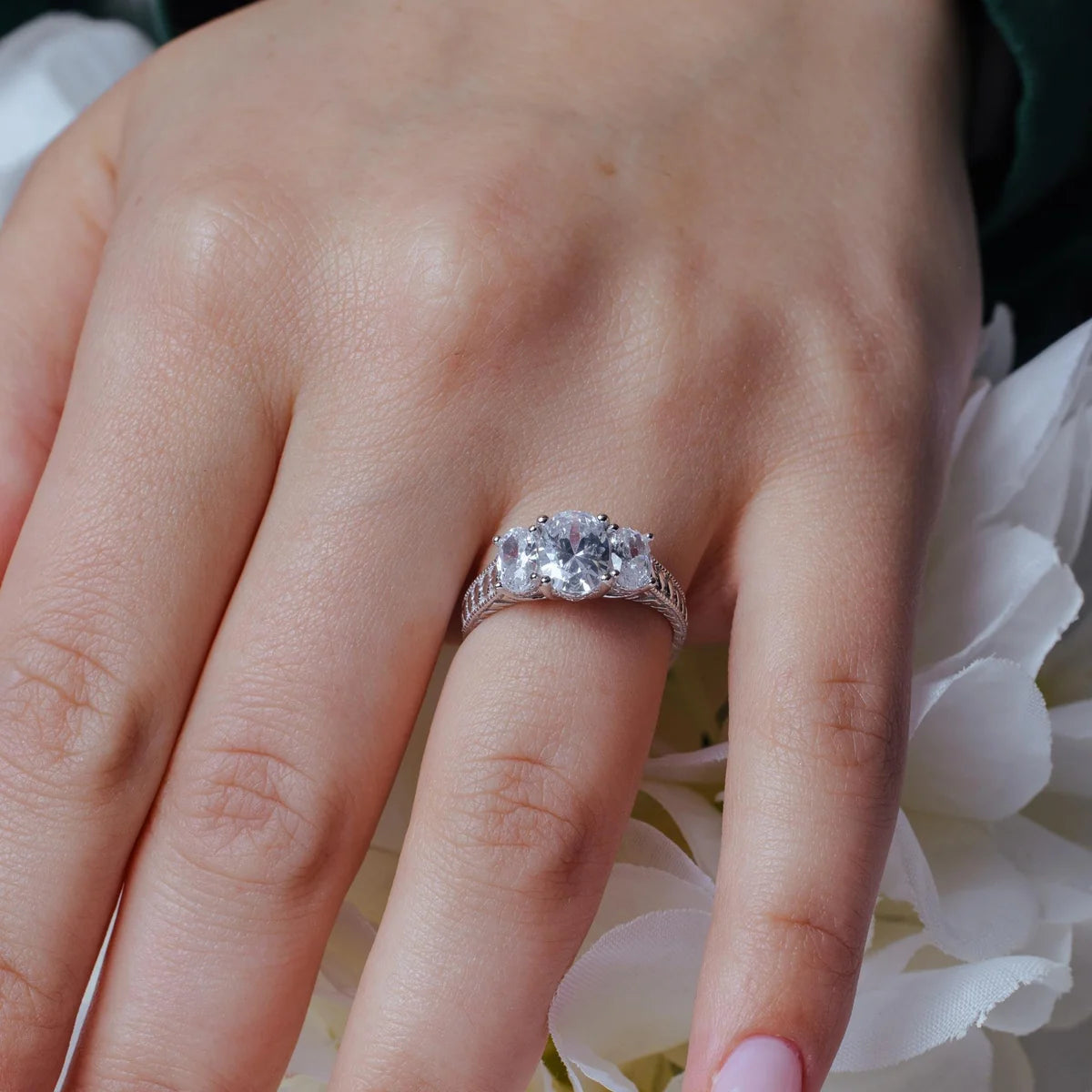 925 Silver Rhodium Plated CZ Past Present Future Ring