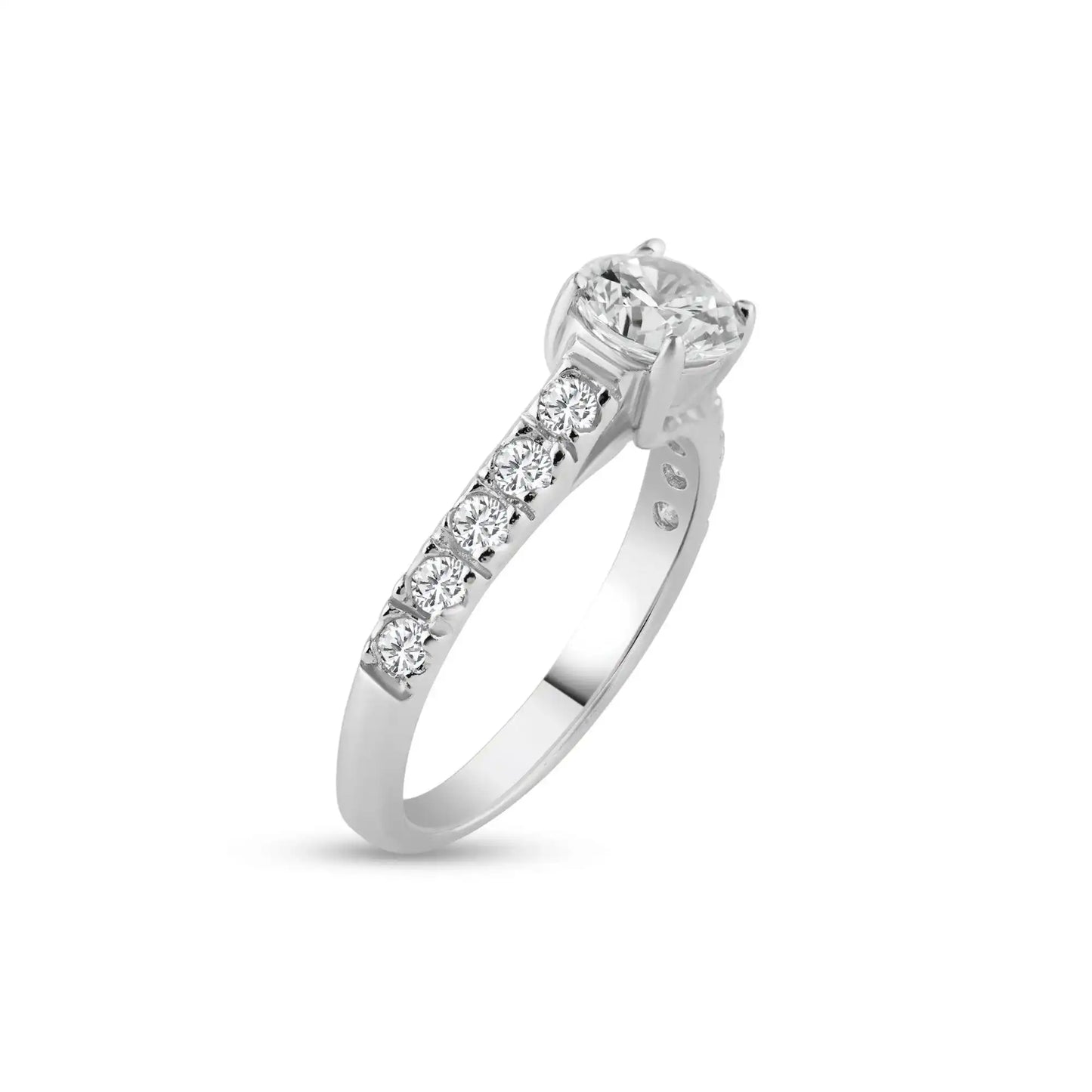 925 Sterling Silver Rhodium Plated Micro Pave Clear Round Center CZ Ring