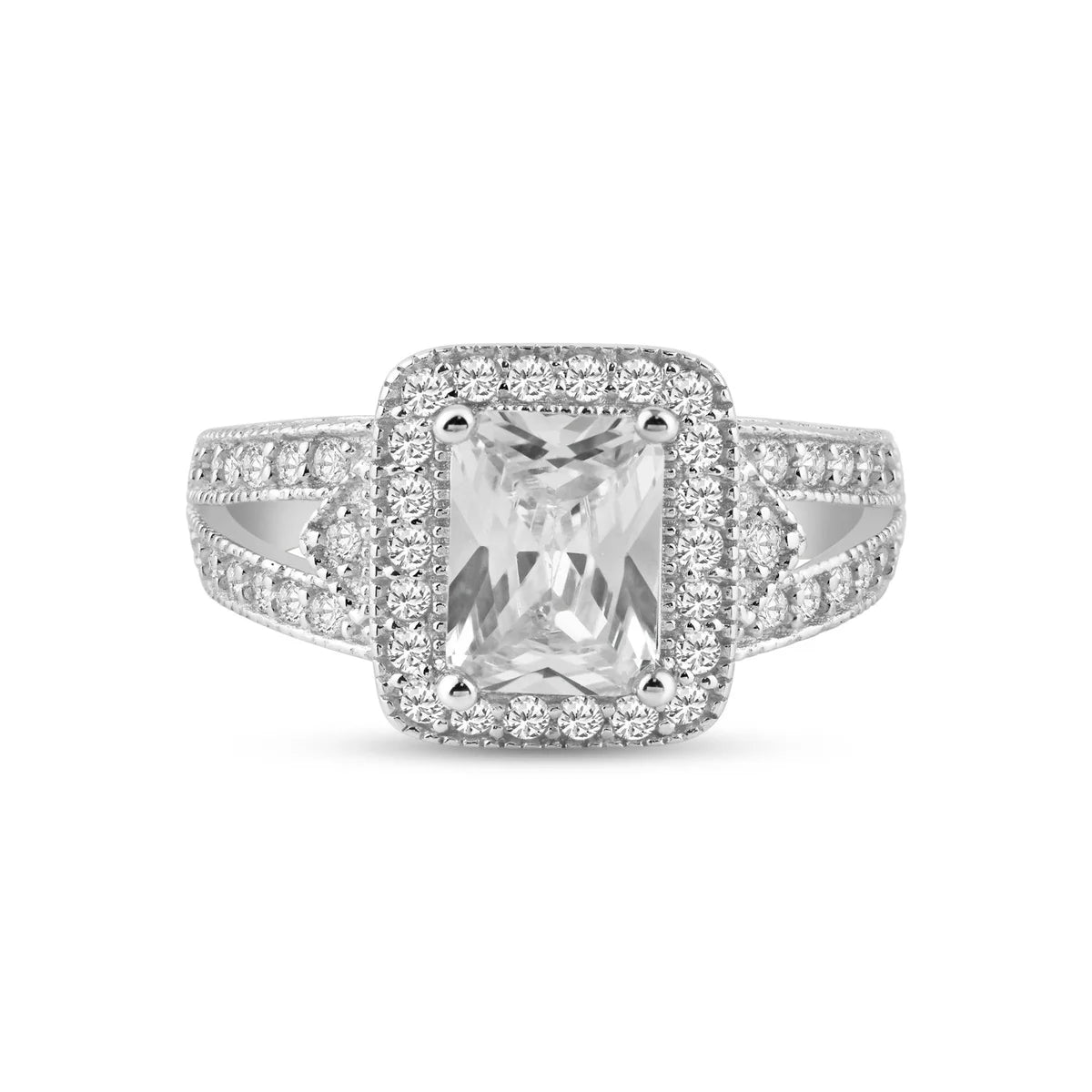 925 Silver Rhodium Plated Micro Pave Clear Cluster CZ Square Ring