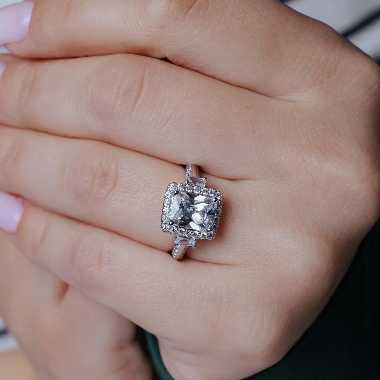 925 Sterling Silver Rhodium Plated Clear Cluster CZ Square Ring