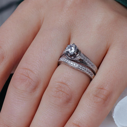 925 Silver Rhodium Plated Pave Clear Round CZ Engagement Ring Set
