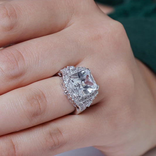 925 Silver Rhodium Plated Pave Clear Square Center Cluster CZ Ring