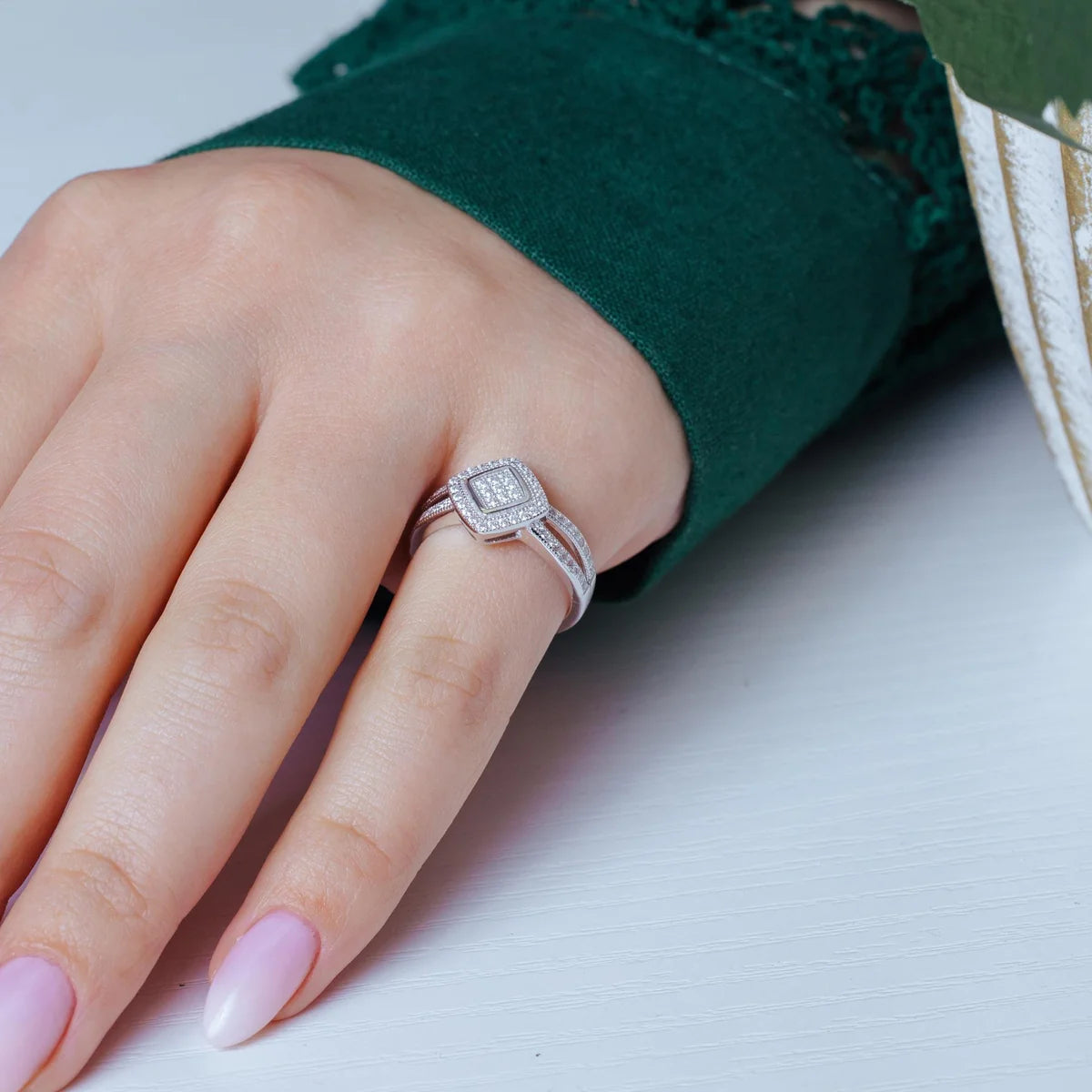 925 Silver Rhodium Plated Micro Pave CZ Diamond Shaped Ring