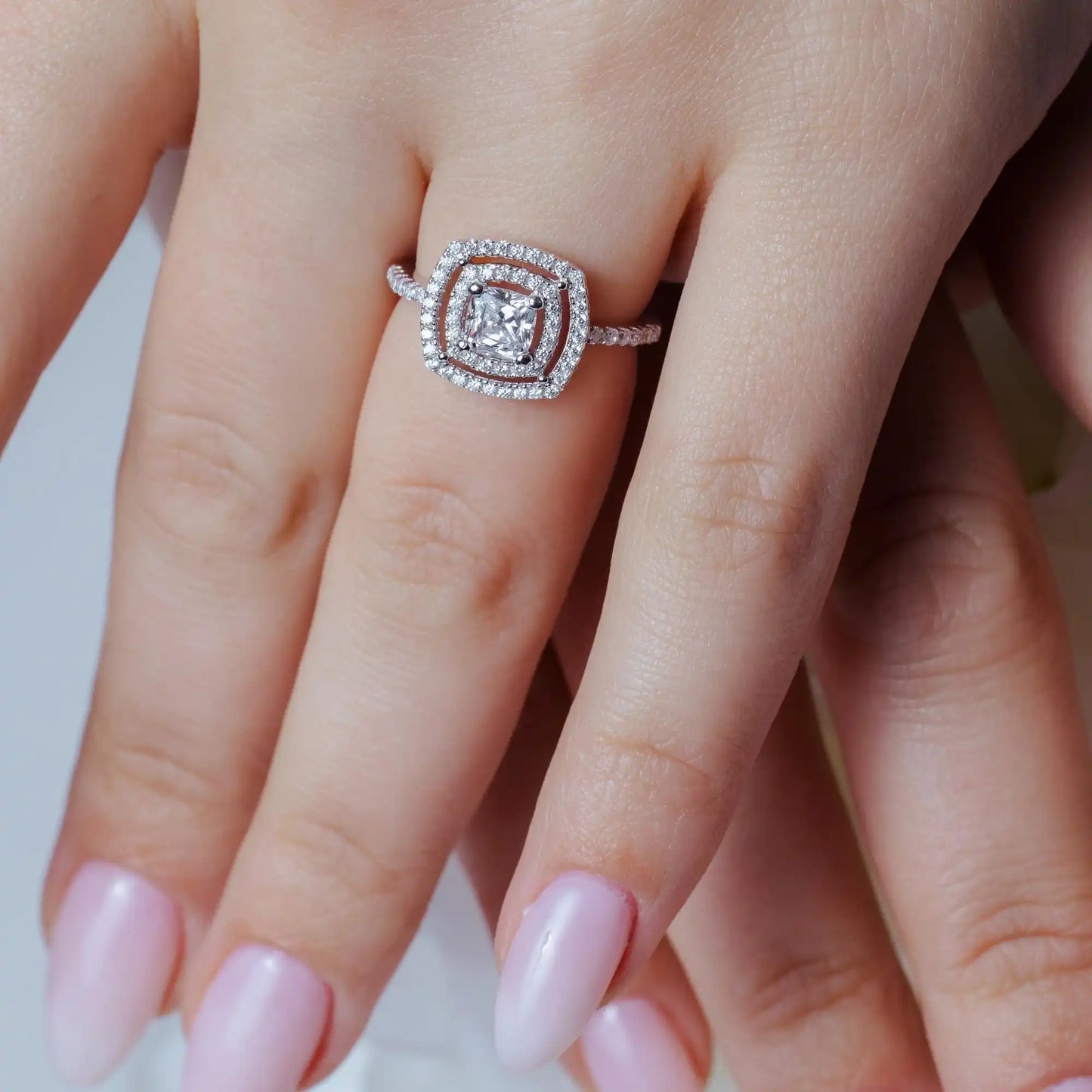 925 Sterling Silver Rhodium Plated Micro Pave Clear CZ Multi Layer Square Ring