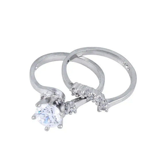 925 Sterling Silver Rhodium Plated Clear Cluster Solitaire CZ Engagement Ring Set