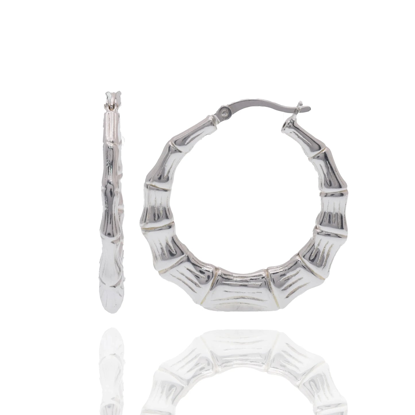 925 Sterling Silver Rhodium Plated Bamboo Style Hoop Earring