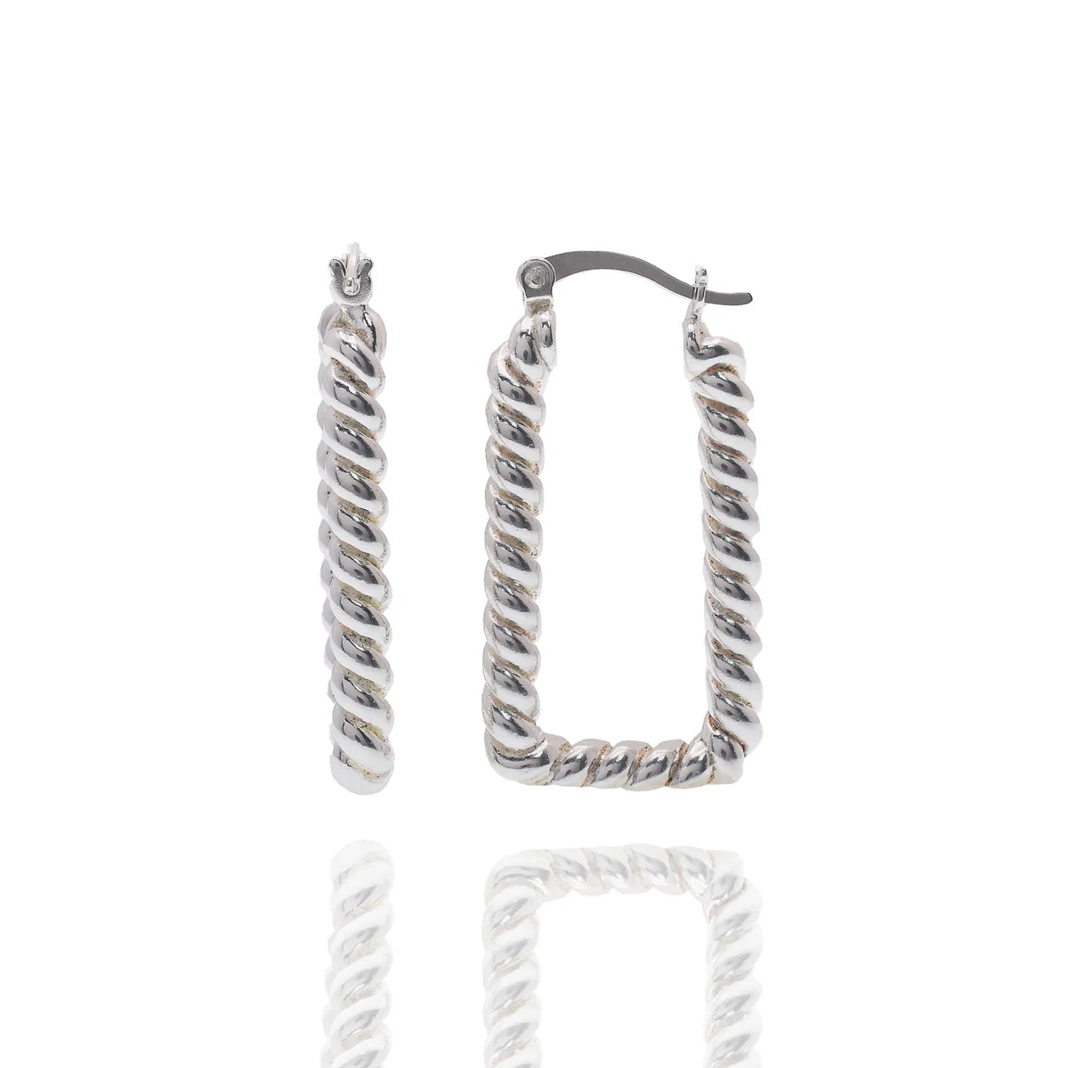 925 Sterling Silver Rhodium Plated Rectangular Twisted Rope Hoop 17.5mm x 33mm Earring