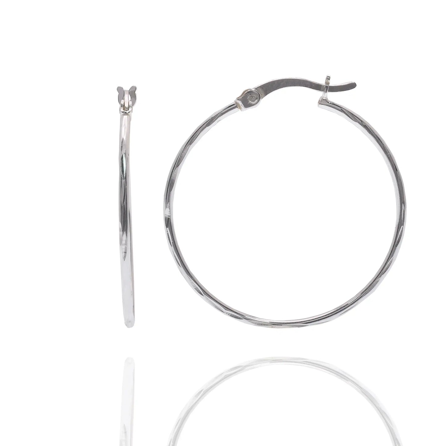 925 Sterling Silver Rhodium Plated Diamond Cut 1.3mm Hoop Earring