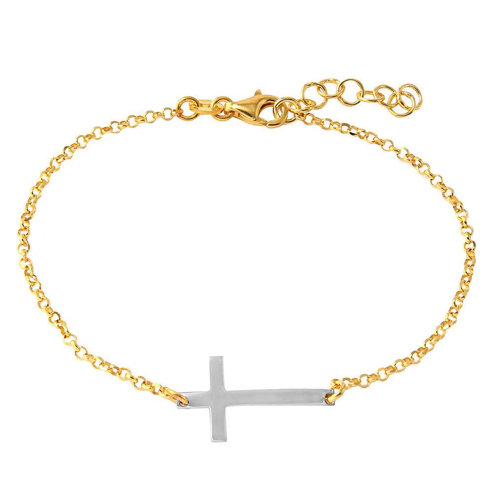 925 Silver Gold Plated Italian Rolo Chain with Rhodium Plated Cross Bracelet