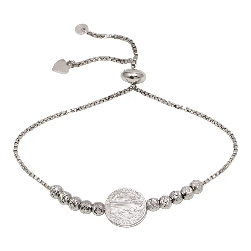 925 Sterling Silver Rhodium Plated Adjustable Diamond Cut Bracelet
