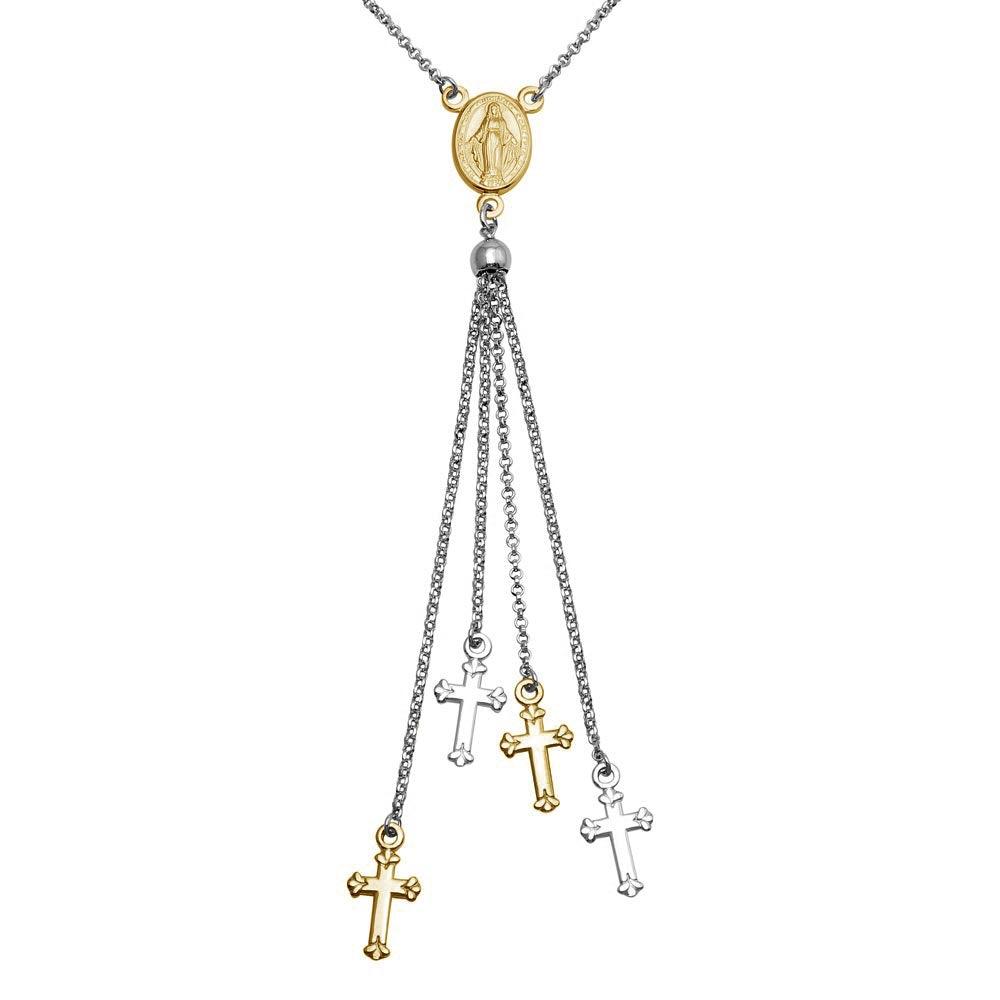 925 Sterling Silver Rhodium Plated and Gold Plated Rosary Tassel Necklace