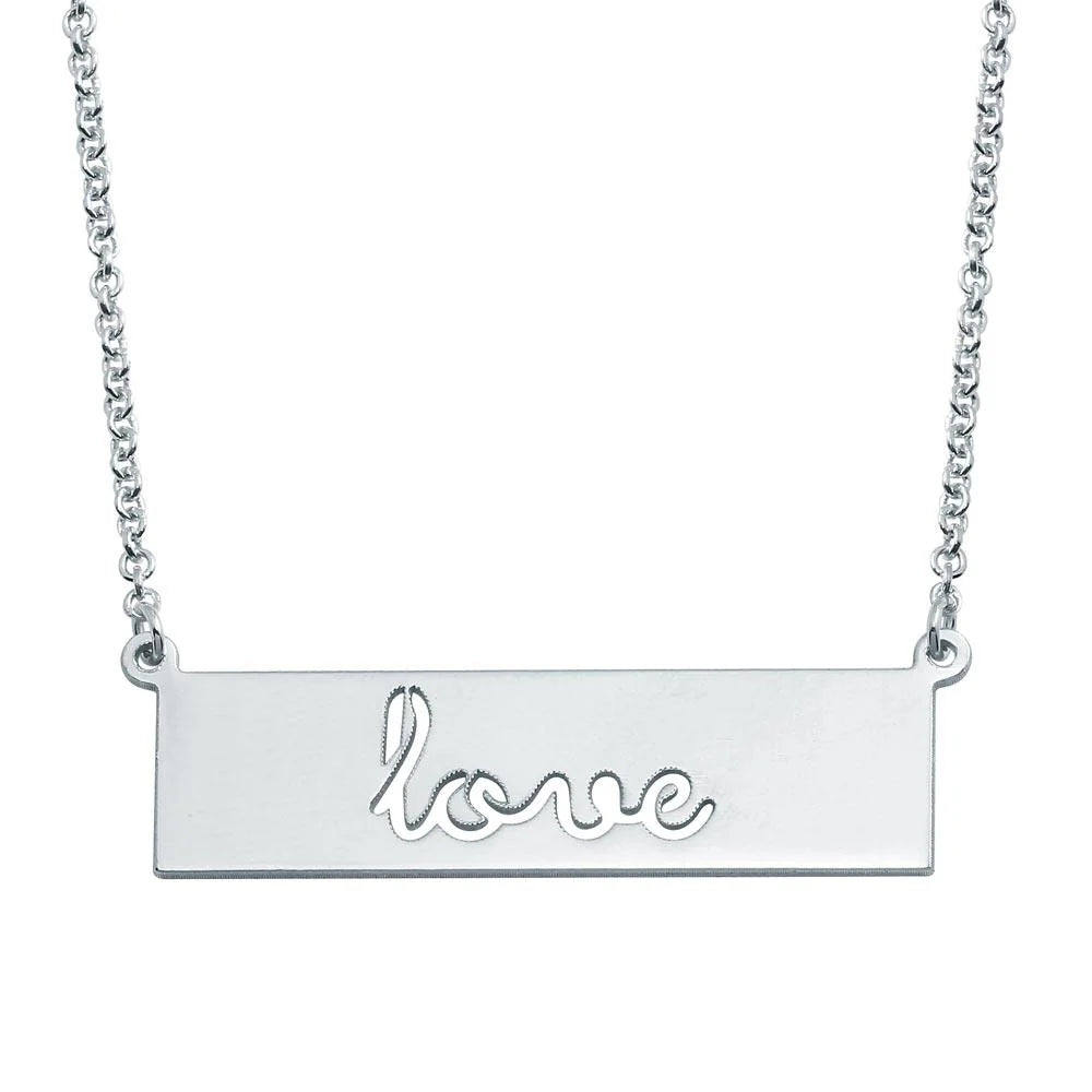 925 Sterling Silver Rhodium Plated Love Engraved Bar Pendant Necklace