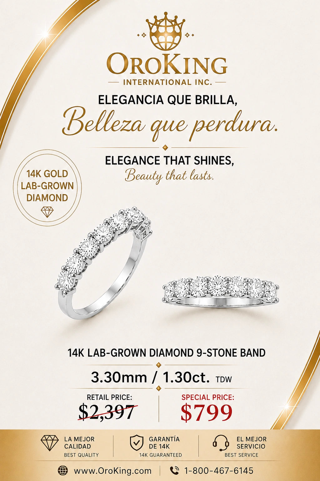 Women's 14K White Gold / Yellow Gold Lab-Grown Diamond 9-Stone Band 3.3mm Wide 1.30ct. TDW