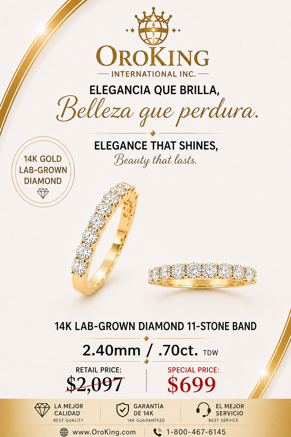 Women's 14K White Gold/Yellow Gold Lab-Grown Diamond 11-Stone Band 2.4mm Wide 0.70ct. TDW