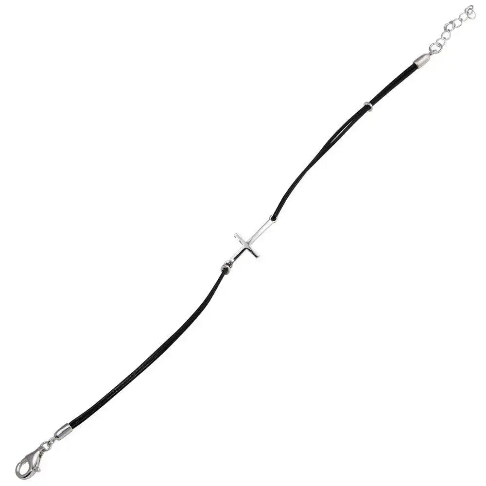 925 Sterling Silver Rhodium Plated Sideways Cross Black Leather Cord Bracelet