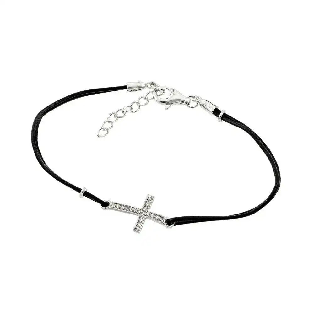 925 Sterling Silver Rhodium Plated Sideways Cross CZ Black Leather Cord Bracelet