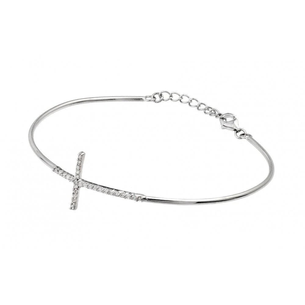 925 Silver Rhodium Plated Cross Clear CZ Bracelet