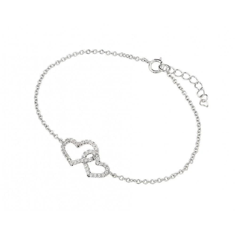 925 Sterling Silver Rhodium Plated Clear CZ Open Hearts Bracelet