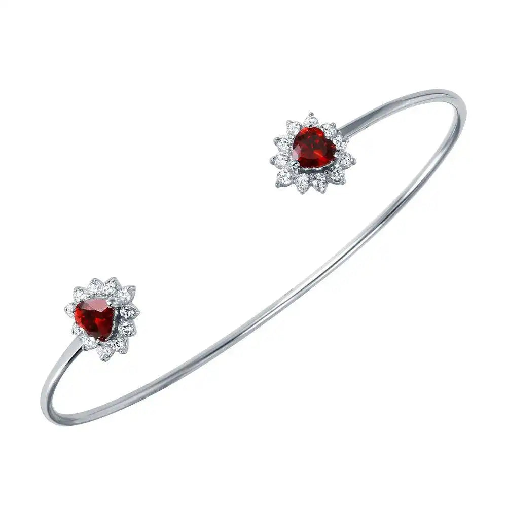 925 Sterling Silver Rhodium Plated Red CZ Hearts Cuff Bracelet
