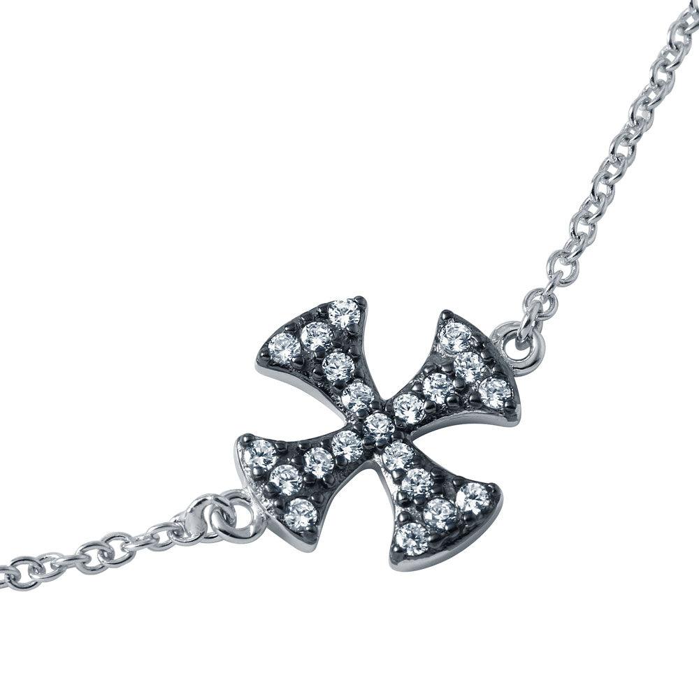 925 Silver Rhodium Plated CZ Iron Cross Chain Bracelet