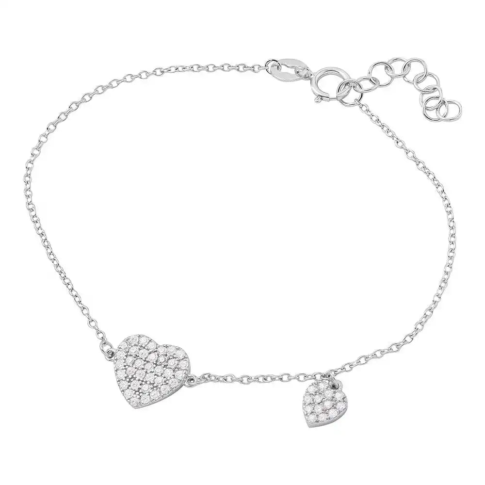 925 Sterling Silver Rhodium Plated CZ Encrusted Hearts Bracelet