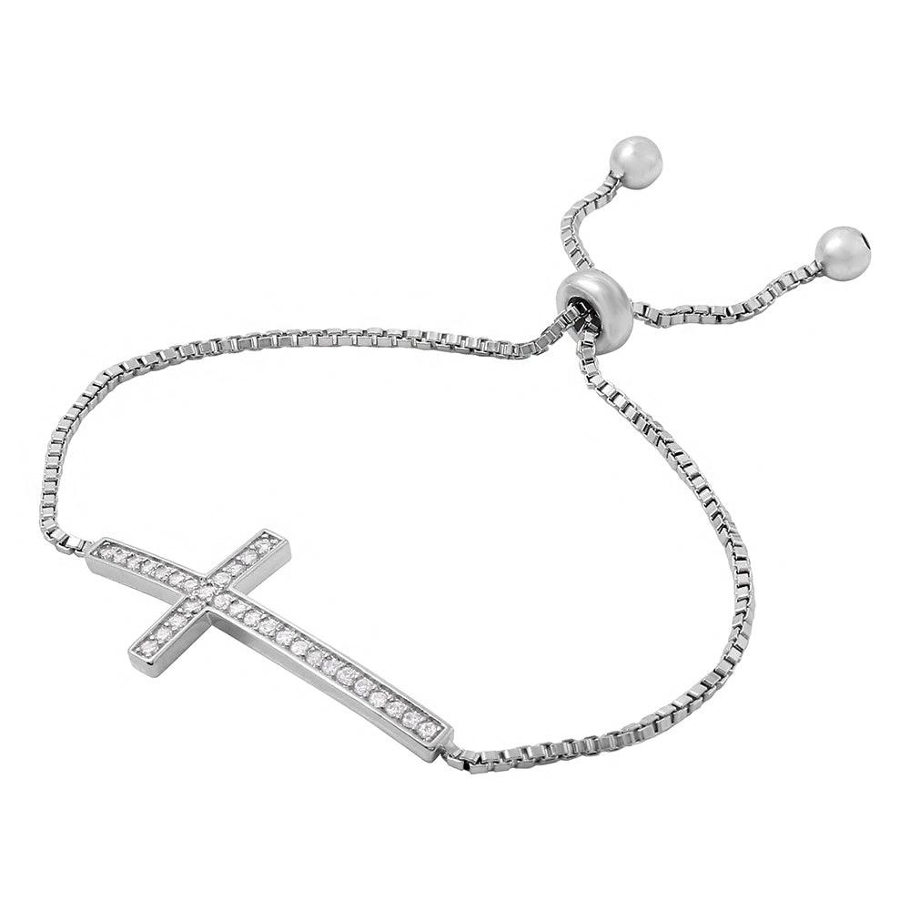 925 Silver Rhodium Plated CZ Cross Box Chain Lariat Bracelet