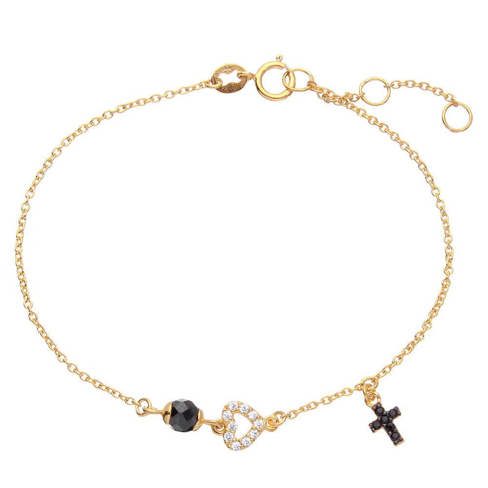 925 Sterling Silver Gold Plated Bracelet with Cross, Open Heart and Black CZ Bead