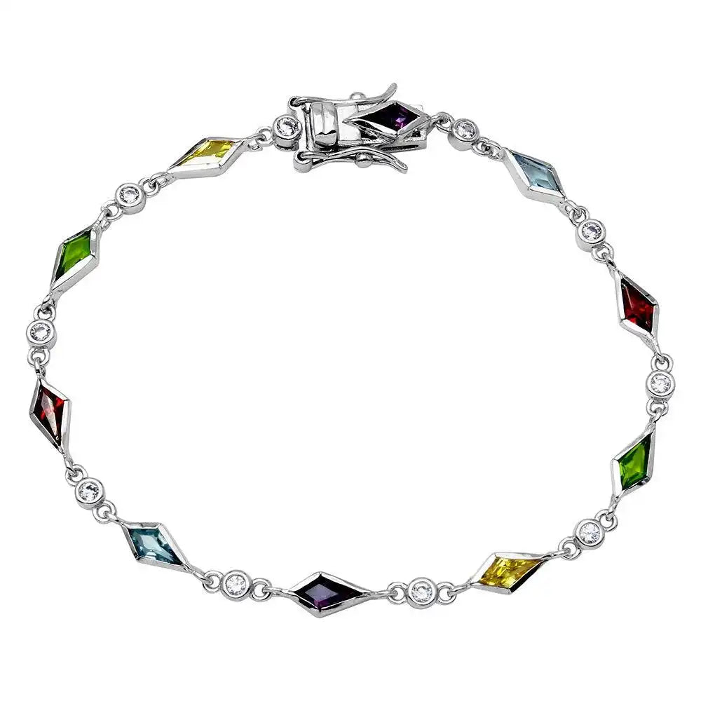 925 Sterling Silver Rhodium Plated Multi CZ Color Stones Tennis Bracelet