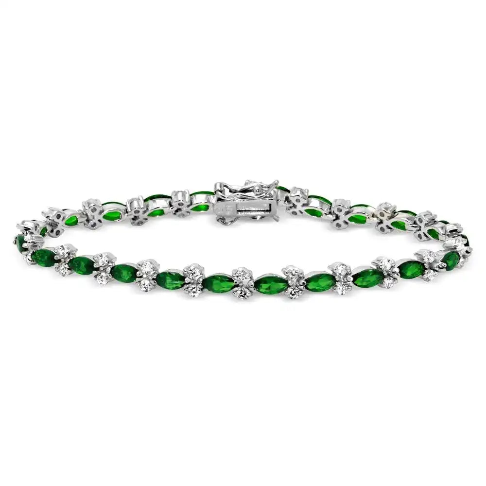 925 Sterling Silver Rhodium Plated 5mm Green Marquise and Clear Round CZ Tennis Bracelet