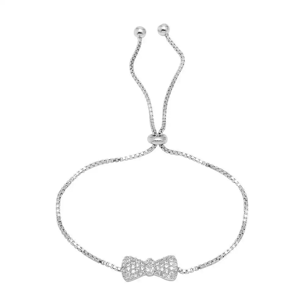 925 Sterling Silver Rhodium Plated Bow Tie Lariat Bracelet with CZ